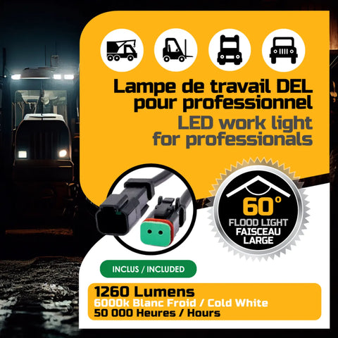 Lampe de travail DEL Nitor 6 pouces de 1260 lumens avec 6 diodes, boîtier en aluminium noir robuste et lentille claire, vue de face sur fond blanc.