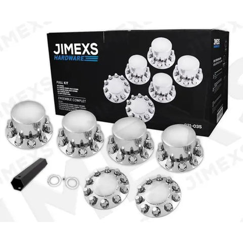 Kit complet d'enjoliveurs d'essieu JIMEXS en ABS chromé brillant pour camion, comprenant des cache-moyeux ronds, des caches-écrous pointus et un outil de serrage noir, présentés à côté de leur boîte d'emballage d'origine.