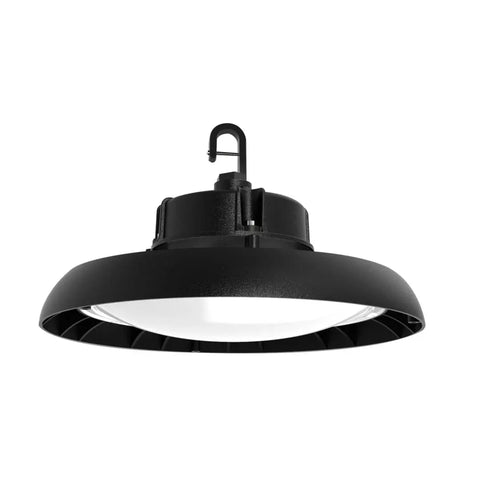 Projecteur LED industriel UFO Highbay V2, puissance ajustable, 120-347V, noir givré, pour éclairage de grande hauteur.