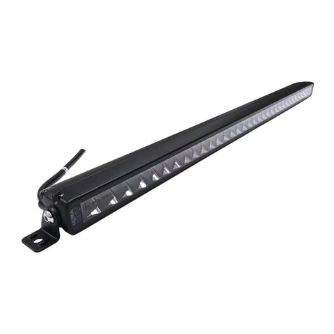 Barre DEL de 32 pouces à rangée simple, 13 860 lumens, installée sur supports latéraux noirs, vue de profil montrant la lentille en polycarbonate.