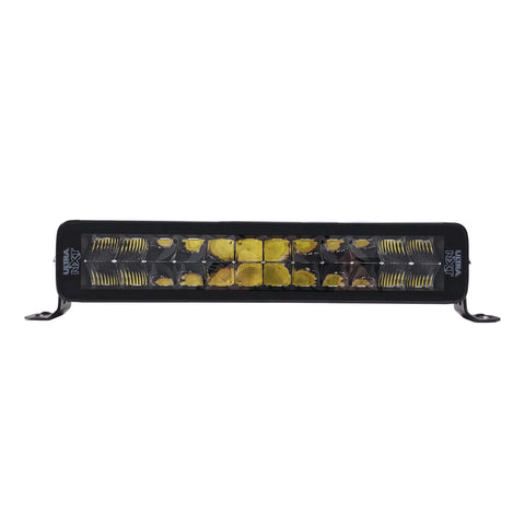 Barre DEL double rangée de 13 pouces avec 24 diodes de 5W, boîtier en aluminium noir et supports latéraux réglables, vue de trois-quarts.
