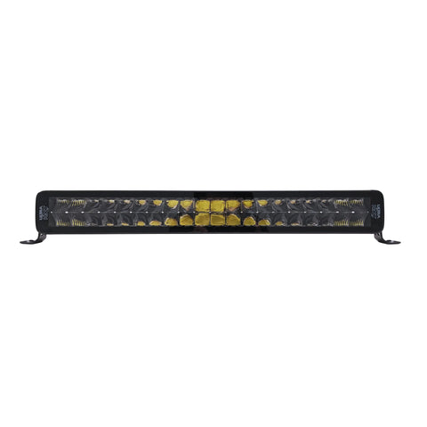 Barre DEL double rangée de 21,5 pouces avec 40 diodes de 5W, boîtier robuste en aluminium noir et supports latéraux réglables, vue de profil sur fond blanc.