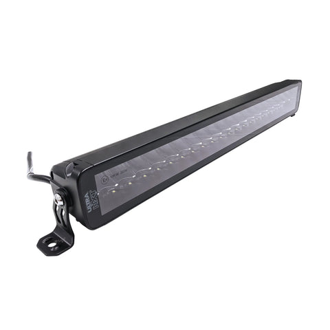Barre DEL double rangée de 21,5 pouces avec 40 diodes de 5W, boîtier robuste en aluminium noir et supports latéraux réglables, vue de profil sur fond blanc.