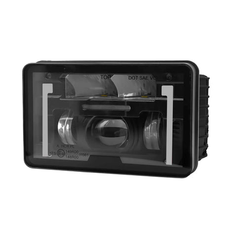 Phare projecteur LED rectangulaire 4x6 pouces, lentille chauffante transparente avec optiques internes visibles et boîtier noir robuste, conforme aux normes DOT et SAE.