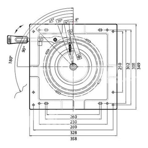 Dimensions d'un plateau tournant de siège métallique noir de marque Total Source avec mécanisme de verrouillage intégré, vu de trois-quarts.