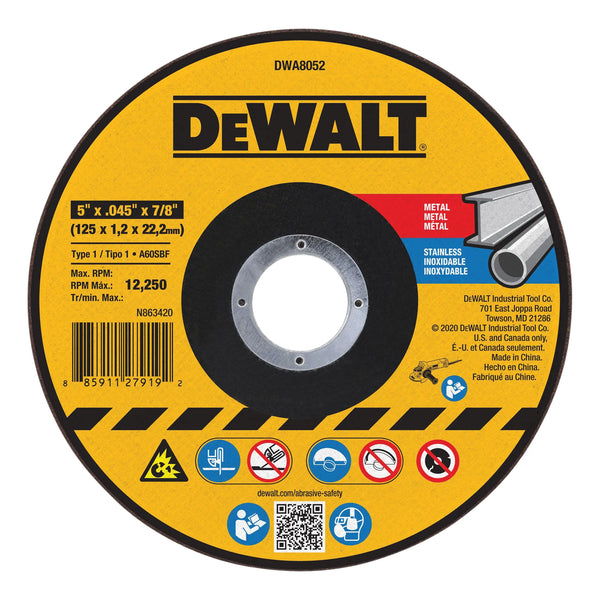 Disque à tronçonner des métaux, 5" x 0,045", Arbre 7/8", Oxyde d'aluminium, Type 1, DeWalt