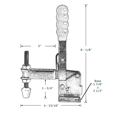 Dimensions d'une bride de fixation verticale Outil Aurora avec force de serrage de 600 lb, poignée rouge et tige à pointe en néoprène