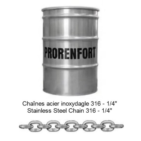 Chaine en acier inoxydable de transport en baril - T-316 - 1/4"