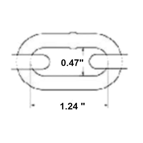 Schéma technique d'un maillon de chaîne en acier inoxydable 1/4" avec cotations : longueur extérieure de 1.24" et largeur intérieure de 0.47".